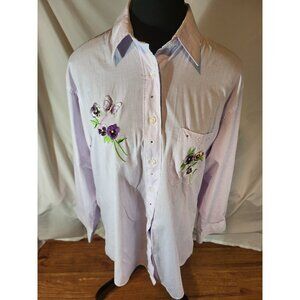 Las Olas Long Sleeve Button Down Shirt M Embroidered Butterfly Flowers Purple